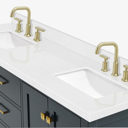 DKB Beckford 66-Inch Midnight Blue Double Bathroom Vanity with Sink, Carrara White Quartz Countertop & Splash, Rectangular Sinks, 4 Soft Closing Doors, 6 Full Extension Dovetail Drawers, Satin Brass