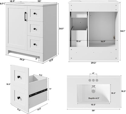 LIKIMIO 30" Bathroom Vanity with Sink, 2 Soft-Close Drawers & 1 Door, White | Freestanding Bathroom Vanity, Integrated Rectangular Ceramic Sink, Modern Bathroom Storage Cabinet, Assembly Required