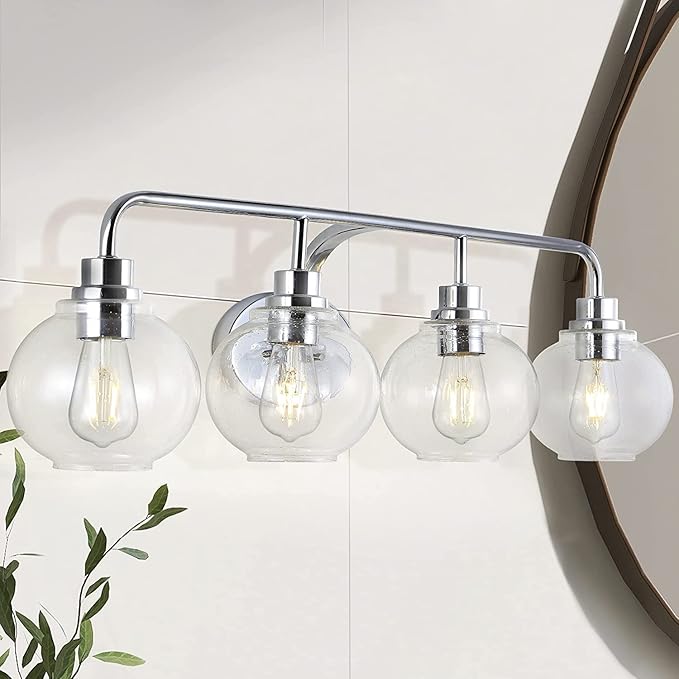 JONATHAN Y 36" Chrome Farmhouse LED Vanity Light Wall Sconce for Bathroom, Clear Seeded Glass Shade, Industrial Iron Indoor Fixture, LED Bulb Included (JYL7529B)