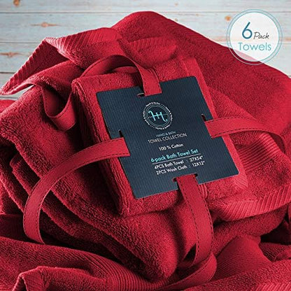 Hearth & Harbor Bath Towels for Bathroom - 100% Ring Spun Cotton Luxury Bathroom Towels - Ultra Soft & Highly Absorbent, Bath Towels Set of 6 - Burgundy Red