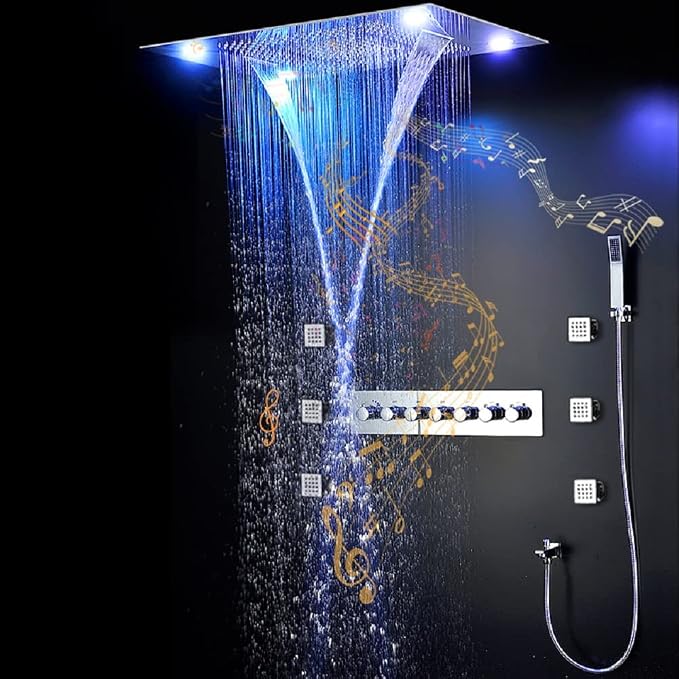 CASCADA 23"x31" LED Shower System with Handheld Shower | Luxurious 6 Functions (Rainfall, Waterfall, Curtain, Misty, Body Jets & Handheld) | 7 Knob Valve (Music, Brushed Gold)