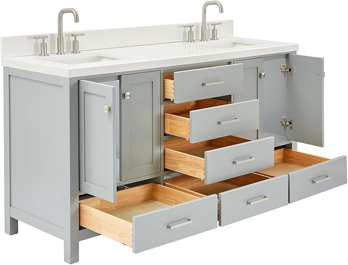 ARIEL Cambridge 66-inch Bathroom Vanity with Sink,Solid Wood, 1.5-inch Pure White Quartz Countertop & Backsplash, Double Rectangular Porcelain Sink, 4 Soft Closing Doors, 6 Dovetail Drawers, Grey