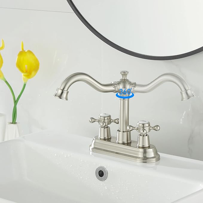 Bathroom Faucet Brushed Nickel 2 Handles 4 Inches Centerset RV Vanity With Drain Assembly and Supply Hose