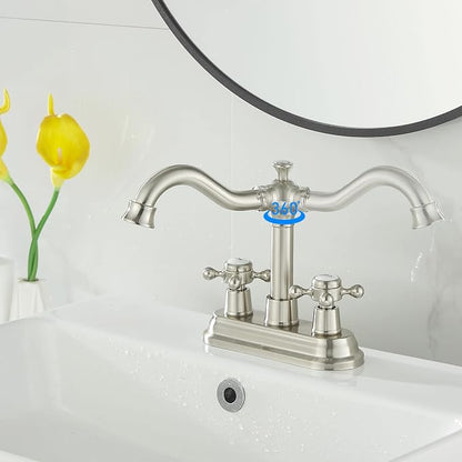 Bathroom Faucet Brushed Nickel 2 Handles 4 Inches Centerset RV Vanity With Drain Assembly and Supply Hose