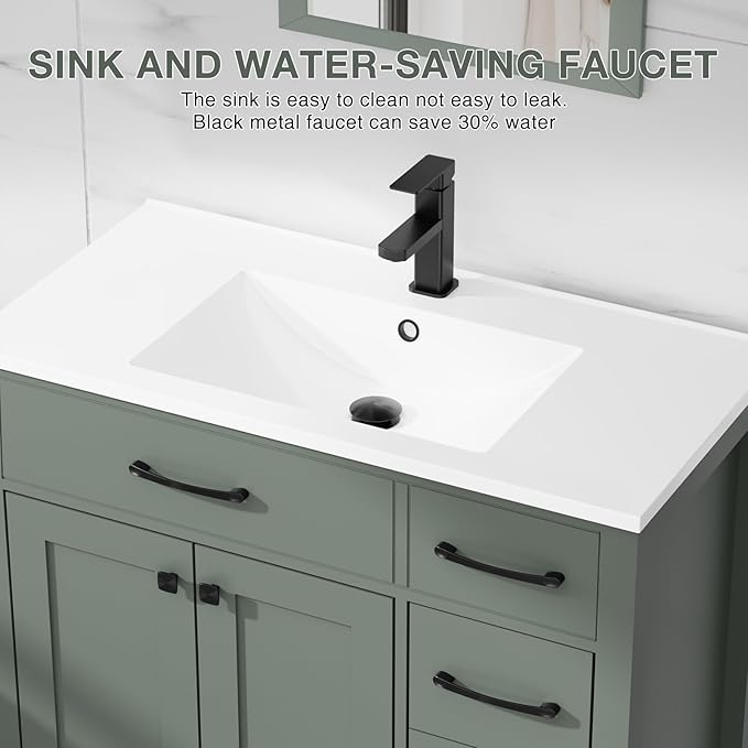 LUCKWIND 36" Bathroom Vanity with Sink Combo, Painted Modern Bathroom Storage Cabinet with Ceramic Sink, Two Doors and Three Drawers, Include Faucet, Without Mirror, Green