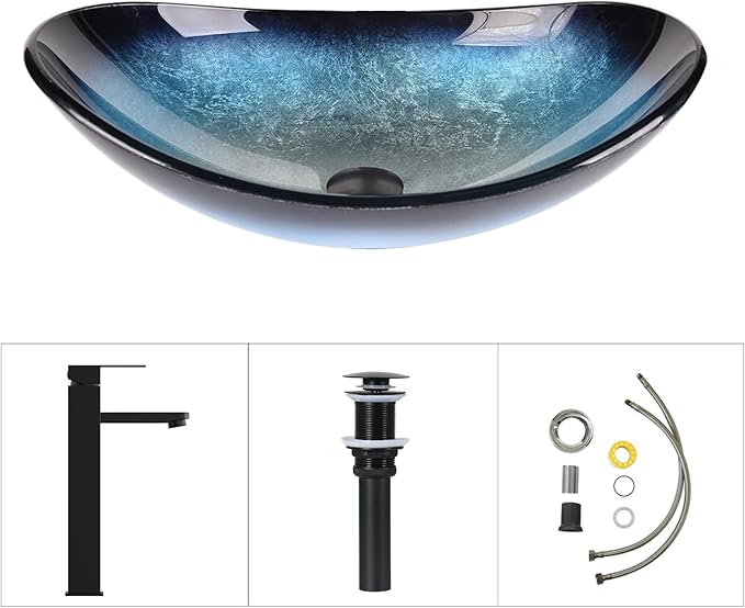 Bathroom Boat Shape Artistic Glass Vessel Sink Free Black Faucet and Pop-up Drain Set, Blue