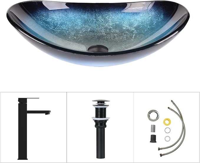 48 Inch Bathroom Vanity with Sink, Traditional Freestanding Black Bathroom Vanity Cabinet, Pedestal Cabinet with Two Boat Blue Glass Vessel Sinks