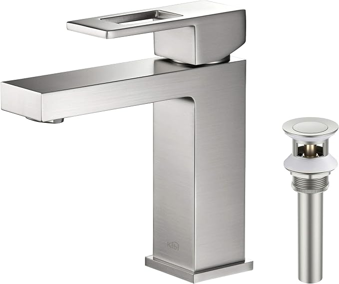 Solid Brass Single Handle Bathroom Sink Faucet with Pop-Up Drain, High Arc Cubic Spout Lavatory Faucet | Corrosion-Resistant, Modern Design, Easy to Install (Brushed Nickel, KBF1002)