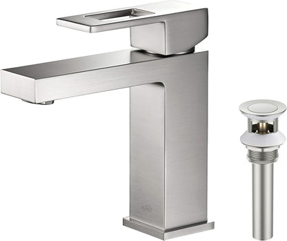 Solid Brass Single Handle Bathroom Sink Faucet with Pop-Up Drain, High Arc Cubic Spout Lavatory Faucet | Corrosion-Resistant, Modern Design, Easy to Install (Brushed Nickel, KBF1002)
