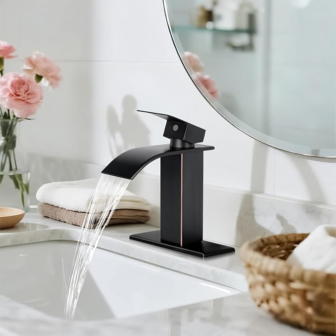 ORB Bathroom Faucets, Waterfall Bathroom Sink Faucet Single Handle Bathroom Faucet for 1 or 3 Hole, Mixer Tap Vanity Faucet with Deck Plate, Pop-up Drain and Supply Hoses
