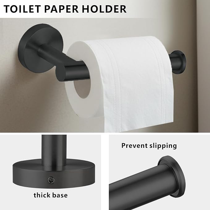 Bathroom Hardware Set Includes Towel Ring, Toilet Paper Holder and 2 Towel Hooks, SUS304 Stainless Steel Modern Wall-Mounted Bathroom Set, Rustproof Bathroom Fitting Set (Black)