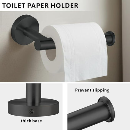 Bathroom Hardware Set Includes Towel Ring, Toilet Paper Holder and 2 Towel Hooks, SUS304 Stainless Steel Modern Wall-Mounted Bathroom Set, Rustproof Bathroom Fitting Set (Black)