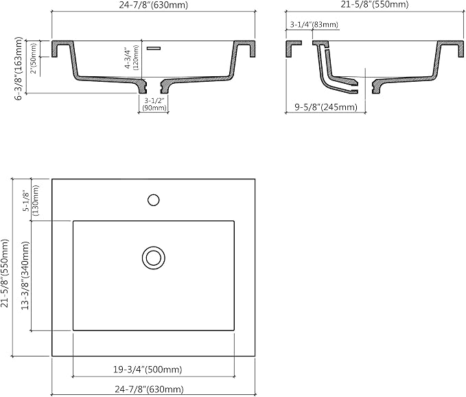 Dowell 25" Bathroom Sink,Single Bowl Vanity Basin,Rectangular Drop-In Bathroom Sink with Overflow,White-000 2522BP