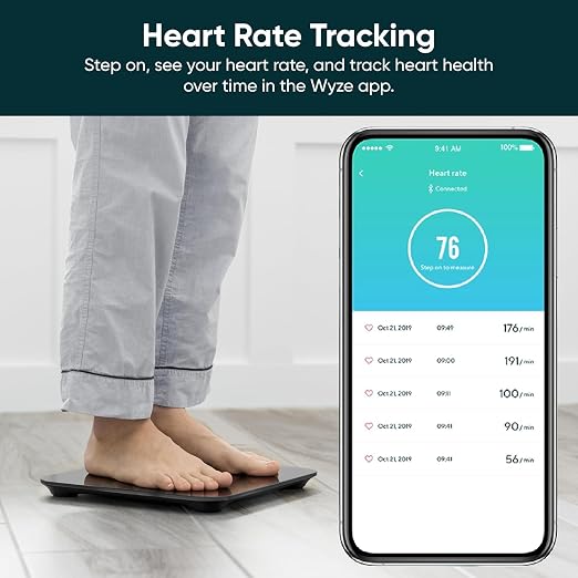 Wyze Smart Bathroom Scale & Body Analyzer, Bluetooth, 400 lbs, Black | Tracks 12 metrics, Crisp LED Display, Sync with Fitness Apps, Heart Rate Tracking, Auto-Recognition & Sharing