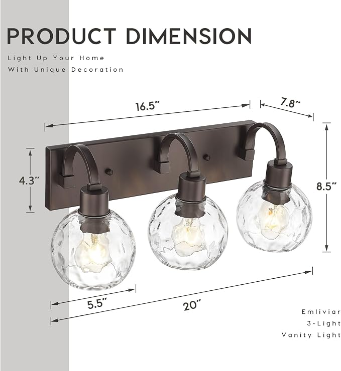 Emliviar 3-Light Bathroom Light Fixtures Over Mirror for Living Room, Hallway, Farmhouse Oil Rubbed Bronze Vanity Light with Water Grain Globe Glass, YCE237BG-3W ORB