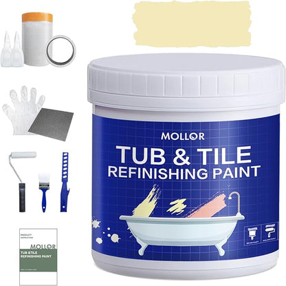 Tub and Tile Refinishing Kit with Tools, 35oz White Tile Paint Water Based & Low Odor, DIY Bathtub Paint, Easy to Use for Bathroom, Kitchen, Porcelain, Semi-Gloss, 50-60sq.ft(Lemon Yellow)