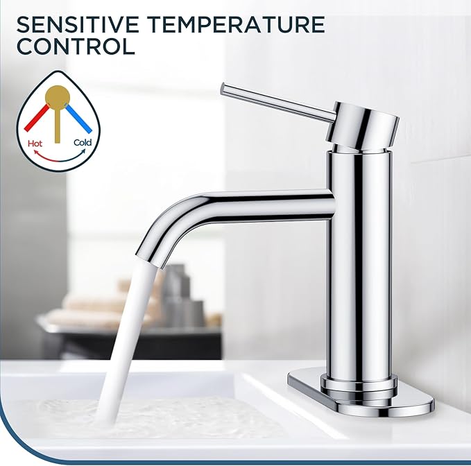 FORIOUS Single Hole Bathroom Faucets 1 Handle, Chrome Bathroom Sink Faucet with Metal Pop up Drain and Supply Hose, Suitable for Vanity Lavatory Restroom Remodel