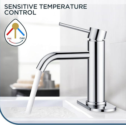 FORIOUS Single Hole Bathroom Faucets 1 Handle, Chrome Bathroom Sink Faucet with Metal Pop up Drain and Supply Hose, Suitable for Vanity Lavatory Restroom Remodel