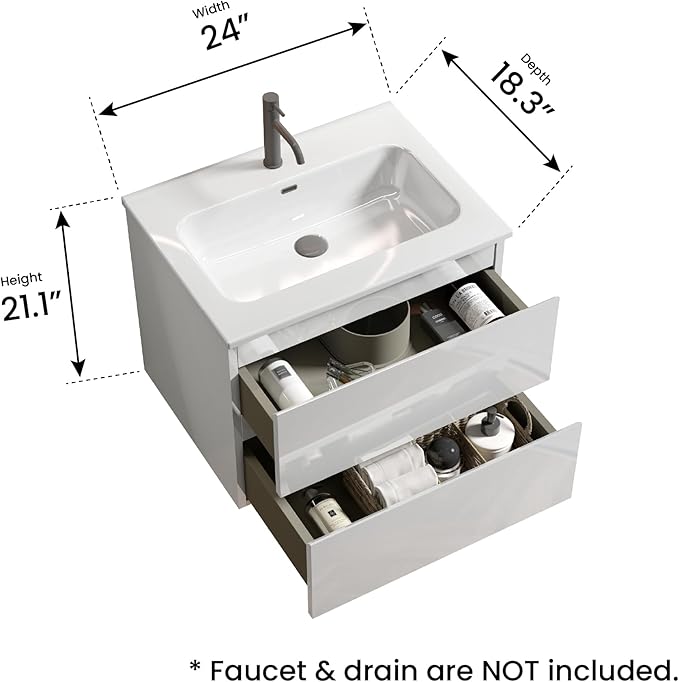 24" Bathroom Vanity with Sink, Modern Floating Vanity with Double Soft Closing Drawers, Large Storage for Small Space, Glossy White, Fully Assembled - Iris Collection