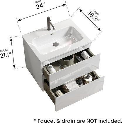24" Bathroom Vanity with Sink, Modern Floating Vanity with Double Soft Closing Drawers, Large Storage for Small Space, Glossy White, Fully Assembled - Iris Collection