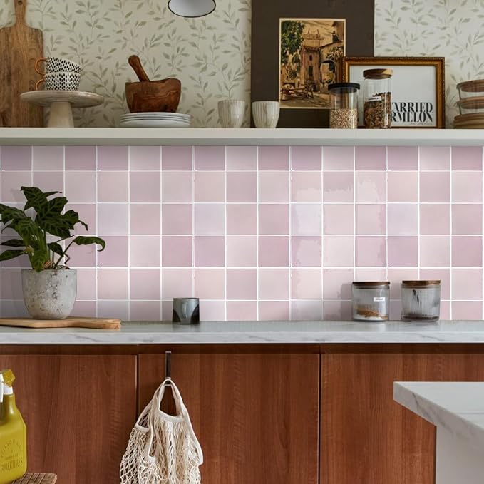 Commomy Thicker Pink Peel and Stick Tiles- 10 pcs of 12" x 12" - 3D Adhesive Square Peel and Stick Tiles Backsplash for Kitchen, Bathroom, Removable, Waterproof, Vinyl Wall Tile