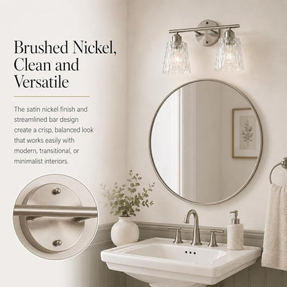 Brushed Nickel Bathroom Light Fixture, 2-Light Modern Vanity Light Over Mirror with Textured Glass Shades, Stainless Steel Construction, E26 Sockets (Bulbs Not Included)