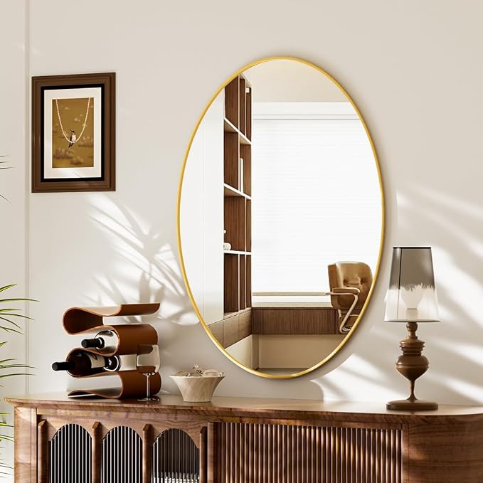 Koonmi Gold Oval Bathroom Mirror, 20"x28" Oval Mirror for Wall | Shatterproof Bathroom Vanity Mirror for Bedroom Living Room Entryway, Horizontal or Vertical, Hardware Included