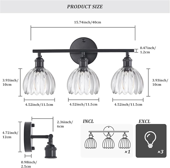 Bathroom Light Fixtures, 3-Light Black Vanity wall Light Over Mirror with Clear Tulip Glass Shade for Bedroom Living Room (Bulb Not Included)
