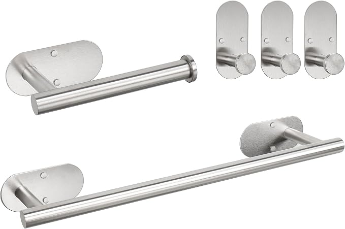 TocTen 5 Pieces Wall Mounted or Self Adhesive Towel Bar Set, Stainless Steel Bathroom Hardware Set Include 16″ Towel Rack, Toilet Paper Holder, 3 Towel Hook, Sticky Bathroom Accessory Kit (Silver)