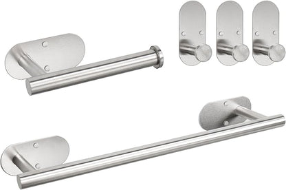 TocTen 5 Pieces Wall Mounted or Self Adhesive Towel Bar Set, Stainless Steel Bathroom Hardware Set Include 16″ Towel Rack, Toilet Paper Holder, 3 Towel Hook, Sticky Bathroom Accessory Kit (Silver)