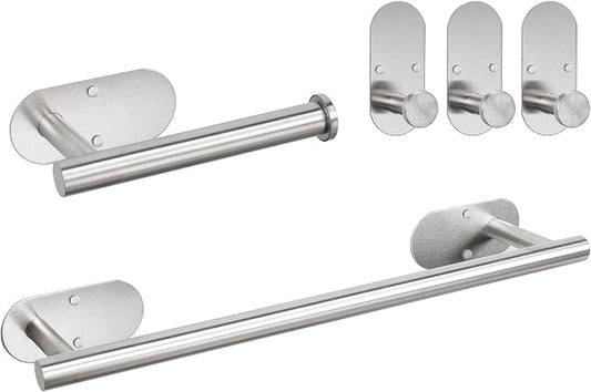 TocTen 5 Pieces Wall Mounted or Self Adhesive Towel Bar Set, Stainless Steel Bathroom Hardware Set Include 16″ Towel Rack, Toilet Paper Holder, 3 Towel Hook, Sticky Bathroom Accessory Kit (Silver)