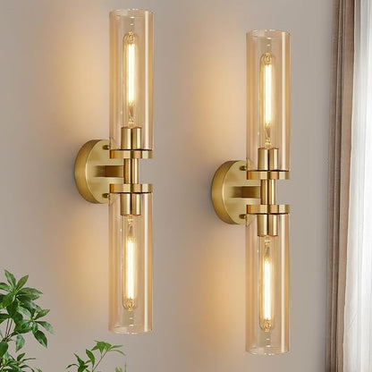 Indoi Wall Sconces Set of Two, Hardwired Brushed Gold Bathroom Sconces Wall Lighting with Amber Glass, Modern Sconces Wall Decor Set of 2 Vanity Light fixtures for Bathroom Mirror Bedroom