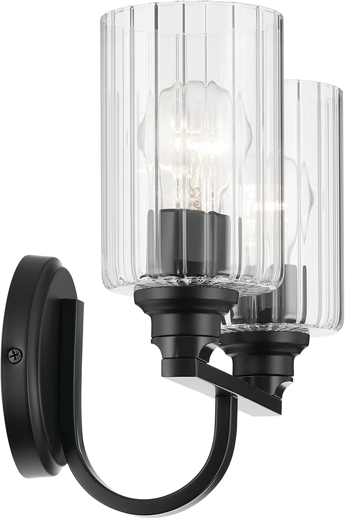 Kichler Gioe 14.25" 2-Light Vanity Light with Clear Fluted Glass in Black, Damp Rated, for Bathroom, Powder Room, Over a Mirror, (14.25" W x 10.5" H), 55225BKFLU