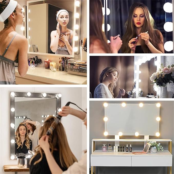 LED Vanity Lights for Mirror, Hollywood Style, 8 Lights | 10 Dimmable Bulbs, Adjustable Color & Brightness, USB Cable, Stick on for Makeup Table Dressing Room