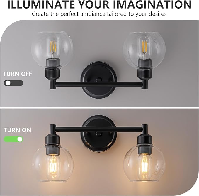 Bathroom Light Fixtures,2-Light Modern Bathroom Vanity Light,Black Wall Sconce with Clear Glass Globe Shades,Wall Lights Over Mirror for Kitchen,Bedroom,Hallway,Living Room