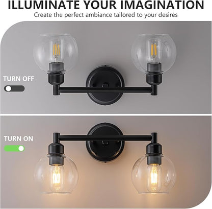 Bathroom Light Fixtures,2-Light Modern Bathroom Vanity Light,Black Wall Sconce with Clear Glass Globe Shades,Wall Lights Over Mirror for Kitchen,Bedroom,Hallway,Living Room