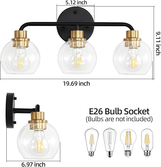 3 Light Bathroom Vanity Light, Black and Gold Bathroom Light Fixtures | with Clear Glass Shade Modern Wall Sconces Lighting Bath Wall Lights Lamp for Mirror Kitchen Living Room Bedroom Hallway