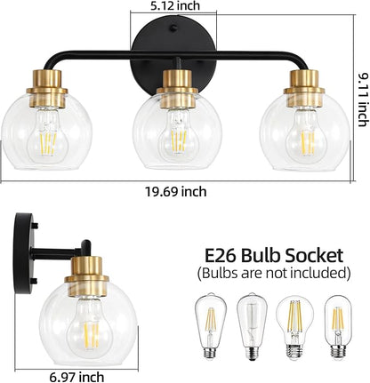 3 Light Bathroom Vanity Light, Black and Gold Bathroom Light Fixtures | with Clear Glass Shade Modern Wall Sconces Lighting Bath Wall Lights Lamp for Mirror Kitchen Living Room Bedroom Hallway
