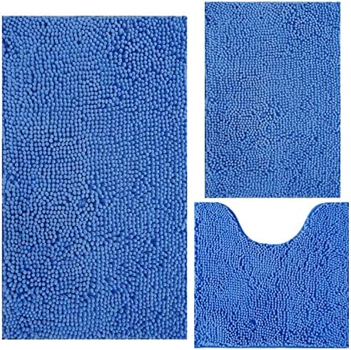 Bathroom Rugs Chenille 3-Piece Extra Soft and Absorbent Shag Bathroom Rugs, Machine Wash Mat, Strong PVC Non-Slip Underside, Plush Carpet Mats (Snow Cyan)