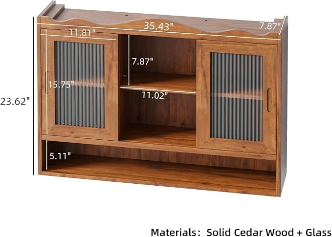 KEIKI 35.4" L Wall Mounted Kitchen Sideboard Cabinet with 2 Sliding Glass Door, 3 Layers Shelves, Retro Storage Buffet Medicine Cabinet for Bathroom, Dining Rooms, Entryway, Solid Wood, Walnut