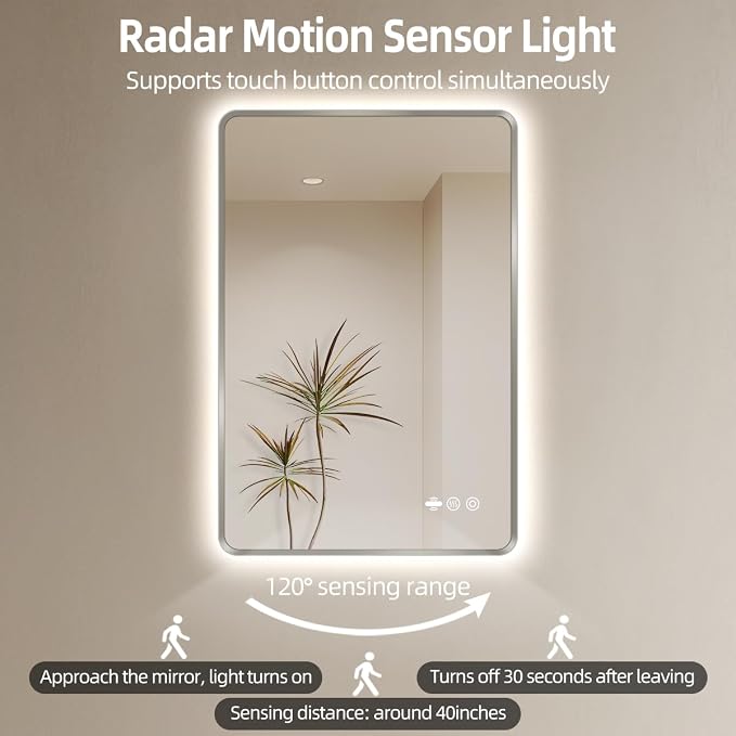 24" x 36" Brushed Nickel LED Bathroom Mirror - Motion Sensor | Smart Backlit Mirror with 3 Colors Stepless Dimmable, Lighted Bathroom Mirror with Lights, Anti-Fog, UL-Listed, CRI≥93