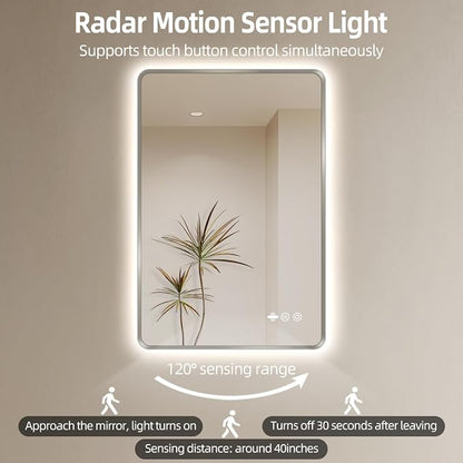 24" x 36" Brushed Nickel LED Bathroom Mirror - Motion Sensor | Smart Backlit Mirror with 3 Colors Stepless Dimmable, Lighted Bathroom Mirror with Lights, Anti-Fog, UL-Listed, CRI≥93