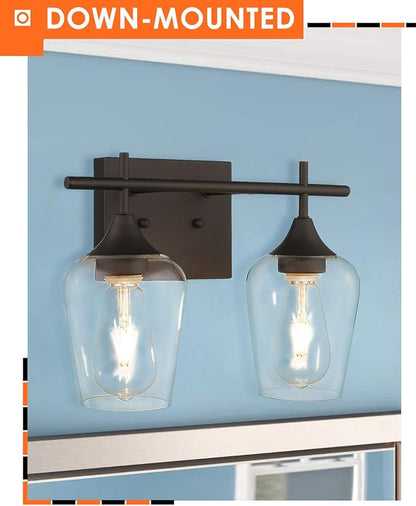 Oil Rubbed Bronze Bathroom Light Fixture, 2 Lights Bathroom Vanity Lights Over Mirror with Clear Glass, Farmhouse Bath Wall Sconce Light, WL9167-2A