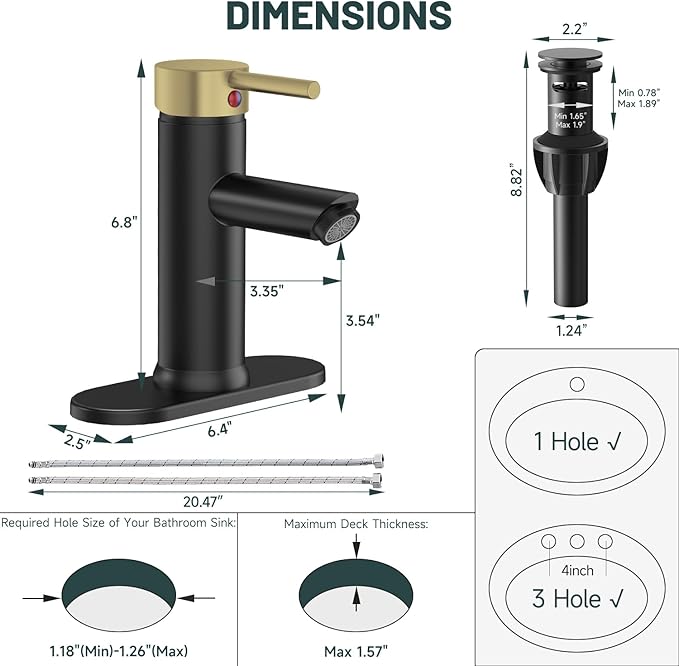 Bathroom Sink Faucet, Greenspring Black and Gold Bathroom Faucets Single Handle Bathroom Vanity Faucet for 1 Hole or 3 Holes with Pop Up Drain, Brass