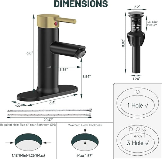 Bathroom Sink Faucet, Greenspring Black and Gold Bathroom Faucets Single Handle Bathroom Vanity Faucet for 1 Hole or 3 Holes with Pop Up Drain, Brass
