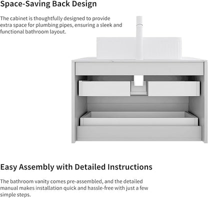 Yayzy 36" Floating Bathroom Vanity with Sink, Solid Wood Fluted Cabinet, White Fluted Square Ceramic Basin & Faux Marble Top, Soft-Close Drawer, Pre-Assembled, White