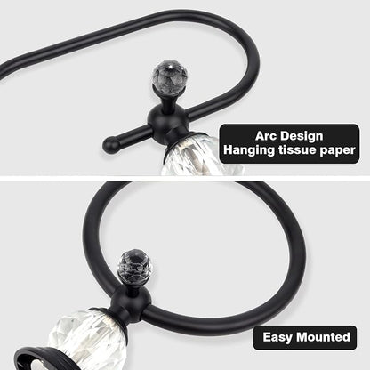 2 Pieces Sets Black Crystal Series Toilet Paper Holder Wall Mouted Towel Ring, Gold Round Hand Towel Rack Decorative for Bathrooms