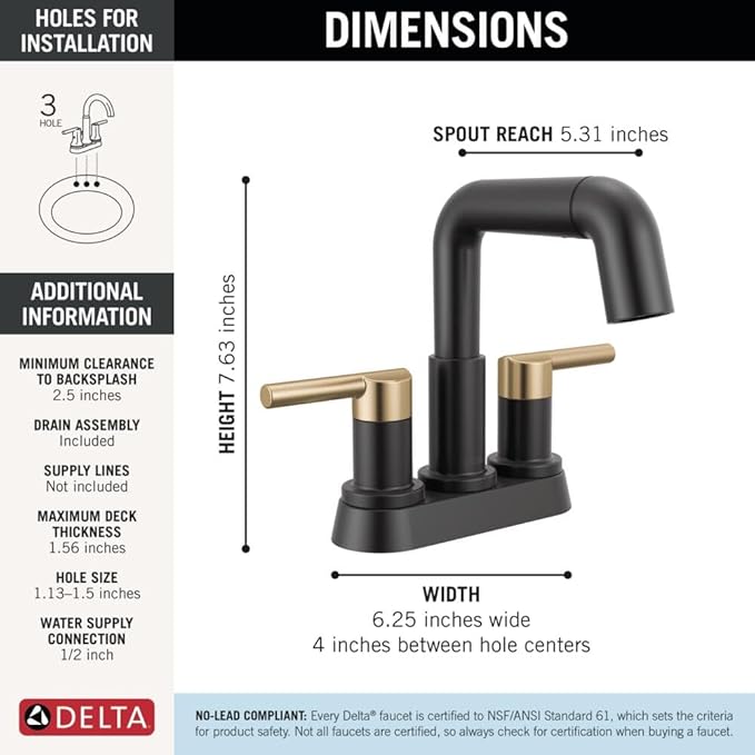 Delta Nicoli Centerset Matte Black/Brushed Gold Bathroom Faucet with Sprayer, 4 Inch 3 Hole Bathroom Sink Faucet with Pull Out Sprayer, Push-Pop Drain, Matte Black/Champagne Bronze 25849LF-GZPD