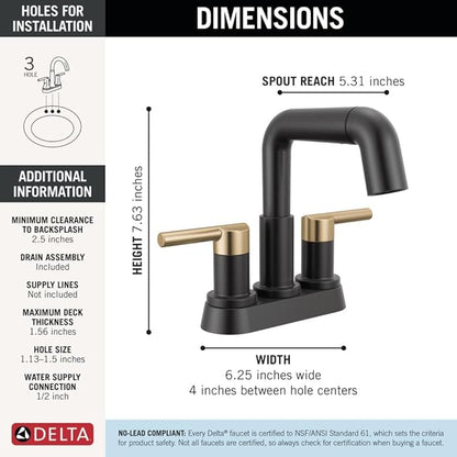 Delta Nicoli Centerset Matte Black/Brushed Gold Bathroom Faucet with Sprayer, 4 Inch 3 Hole Bathroom Sink Faucet with Pull Out Sprayer, Push-Pop Drain, Matte Black/Champagne Bronze 25849LF-GZPD