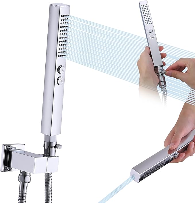 All-Metal High Pressure Square Handheld Shower Head with Jet Spray and Rainfall Modes, Volume Control Regulator, ON/OFF Switch, Hose and Wall Mounted Adjustable Bracket, Chrome